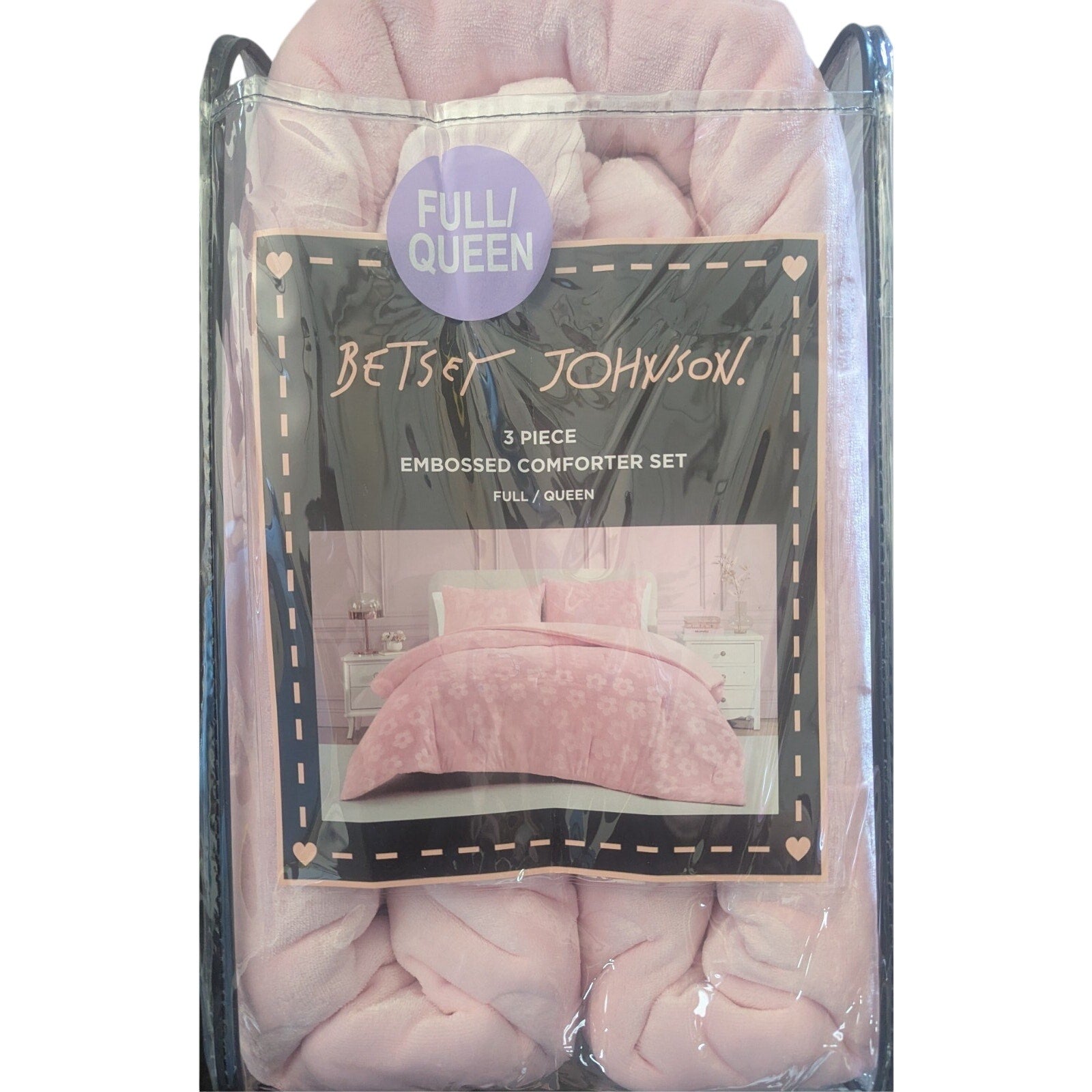 Betsey Johnson QUEEN Pink Flowers Embossed Velour 3 pc Comforter Set