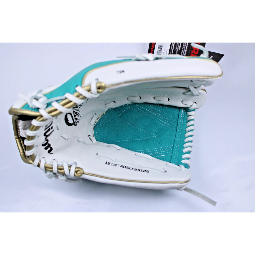 Wilson A500 Left Handed Throw 12.5” Baseball Glove White- Turquoise