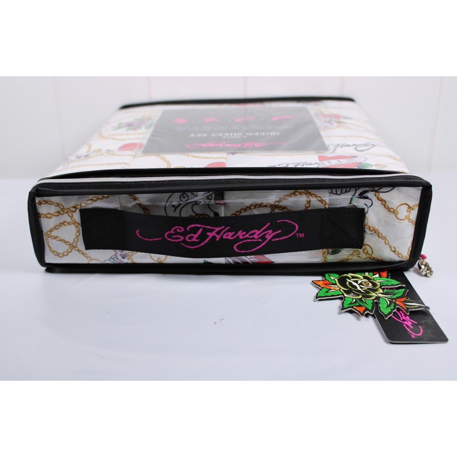 Ed Hardy White 6 pc Queen Sheet Set Skulls Roses Tattoo Print w/4 Pillowcases