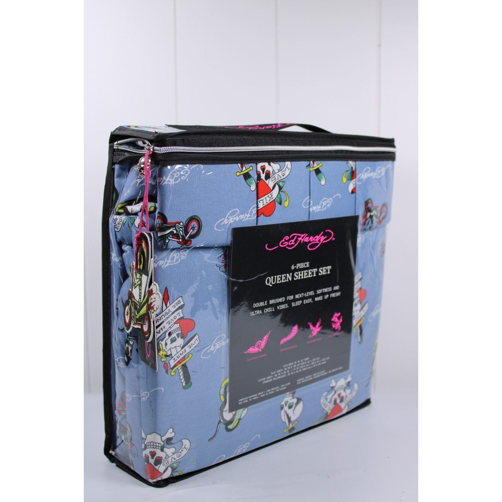 Ed Hardy QUEEN Sheet Set Blue Motorcycle Skull Love Kills Slowly Dagger 6 Piece