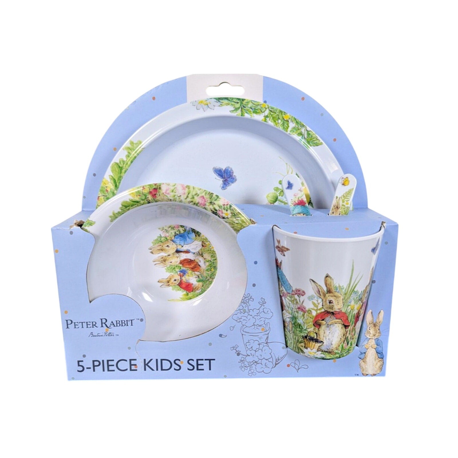 Peter Rabbit 5 Pc Kids Dinner Set Melamine Plate Bowl Cup Cutlery New