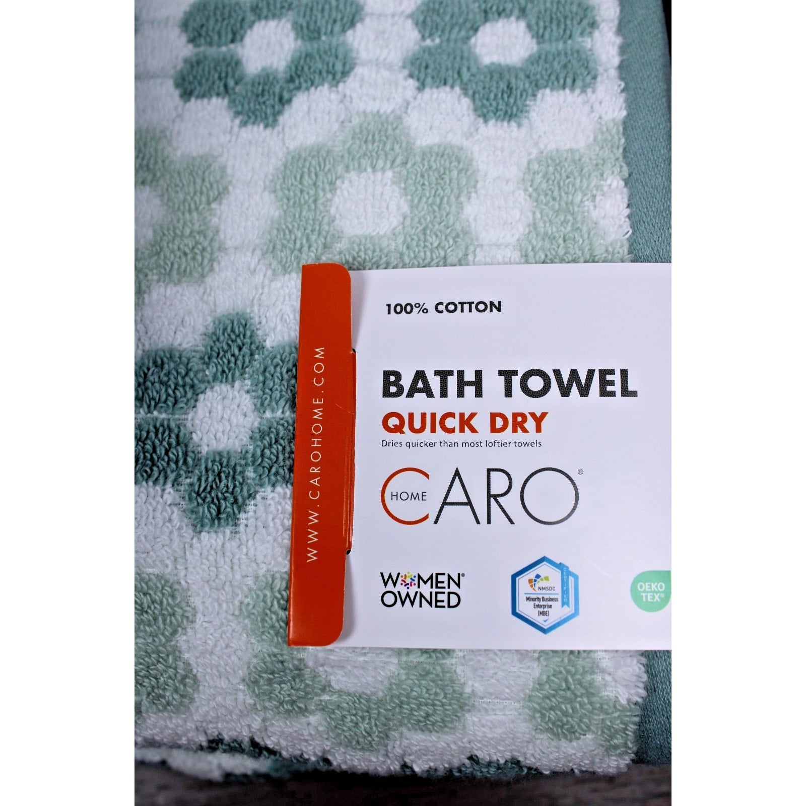 4pc CARO Home (2) Bath (2) Hand Towels Dark Sage, Daisies 100% Cotton, Quick Dry