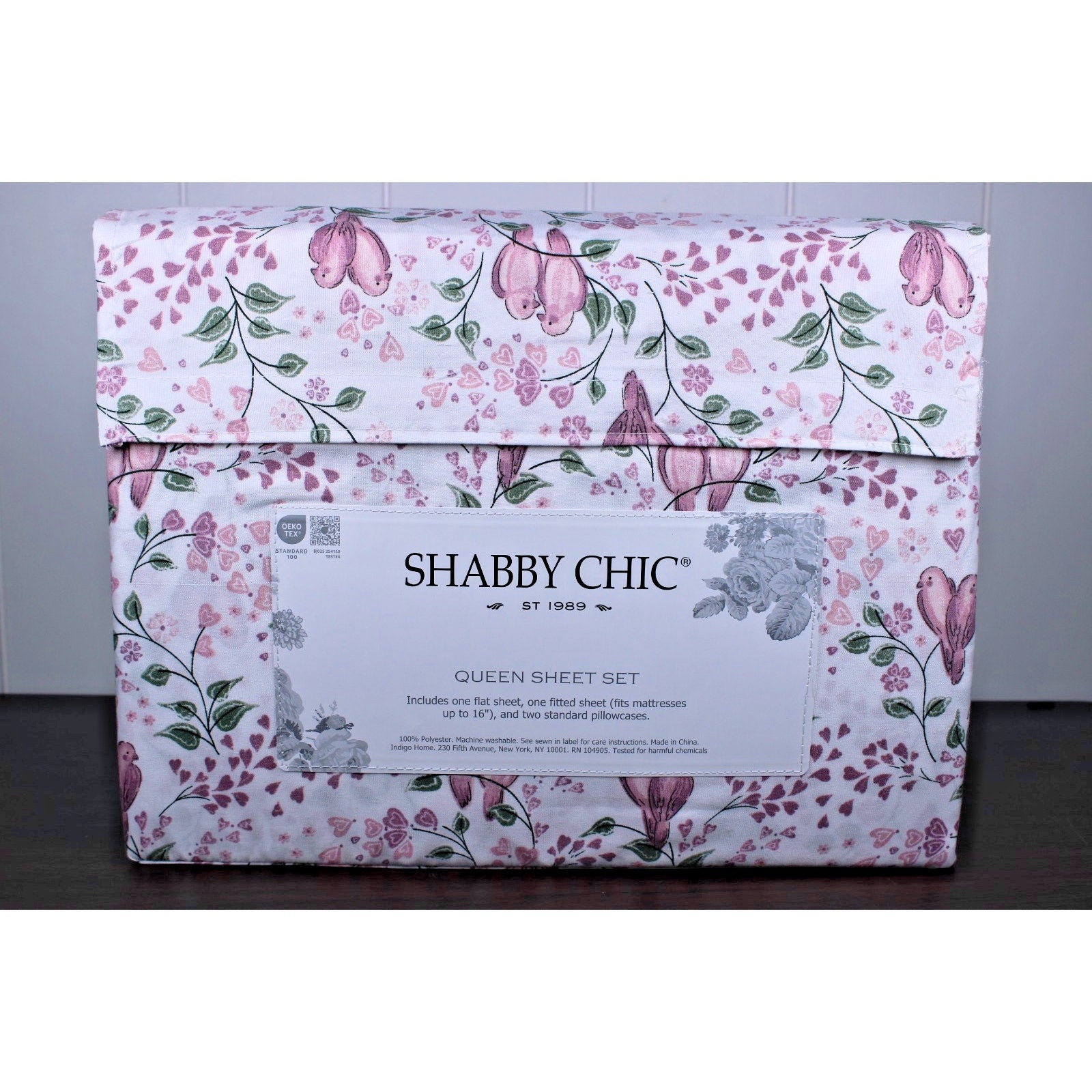 Shabby Chic Farmhouse Cottage Queen Sheet Set Pink and Mauve Lovebirds & Hearts