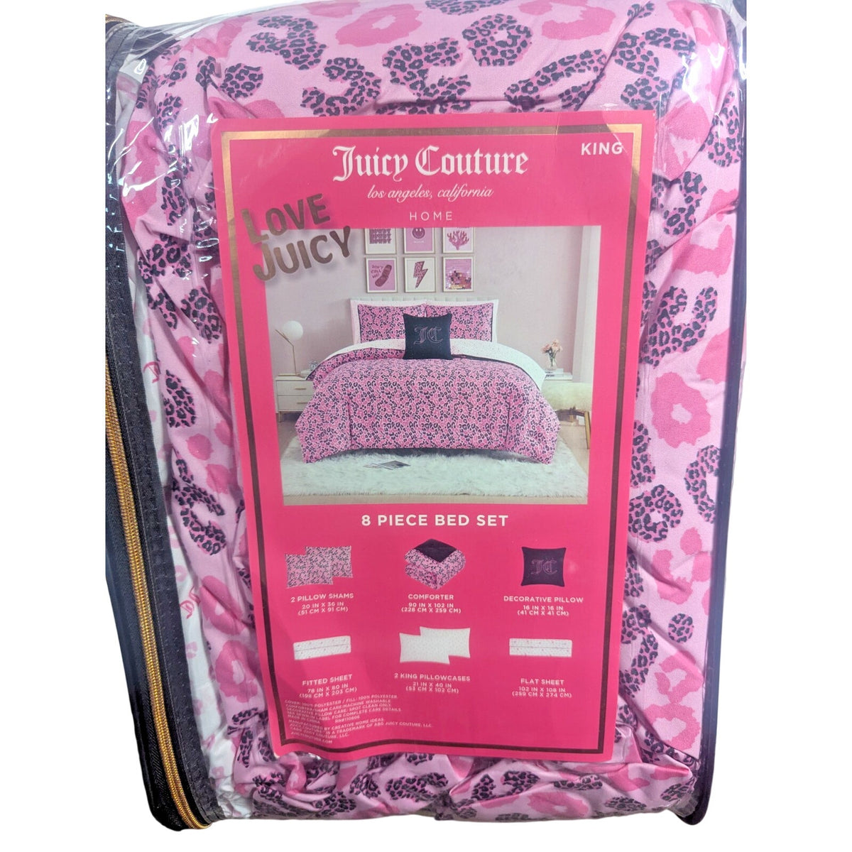 Juicy Couture Pink Black Leopard 8pc KING Bed Set Comforter Shams Sheets &Pillow