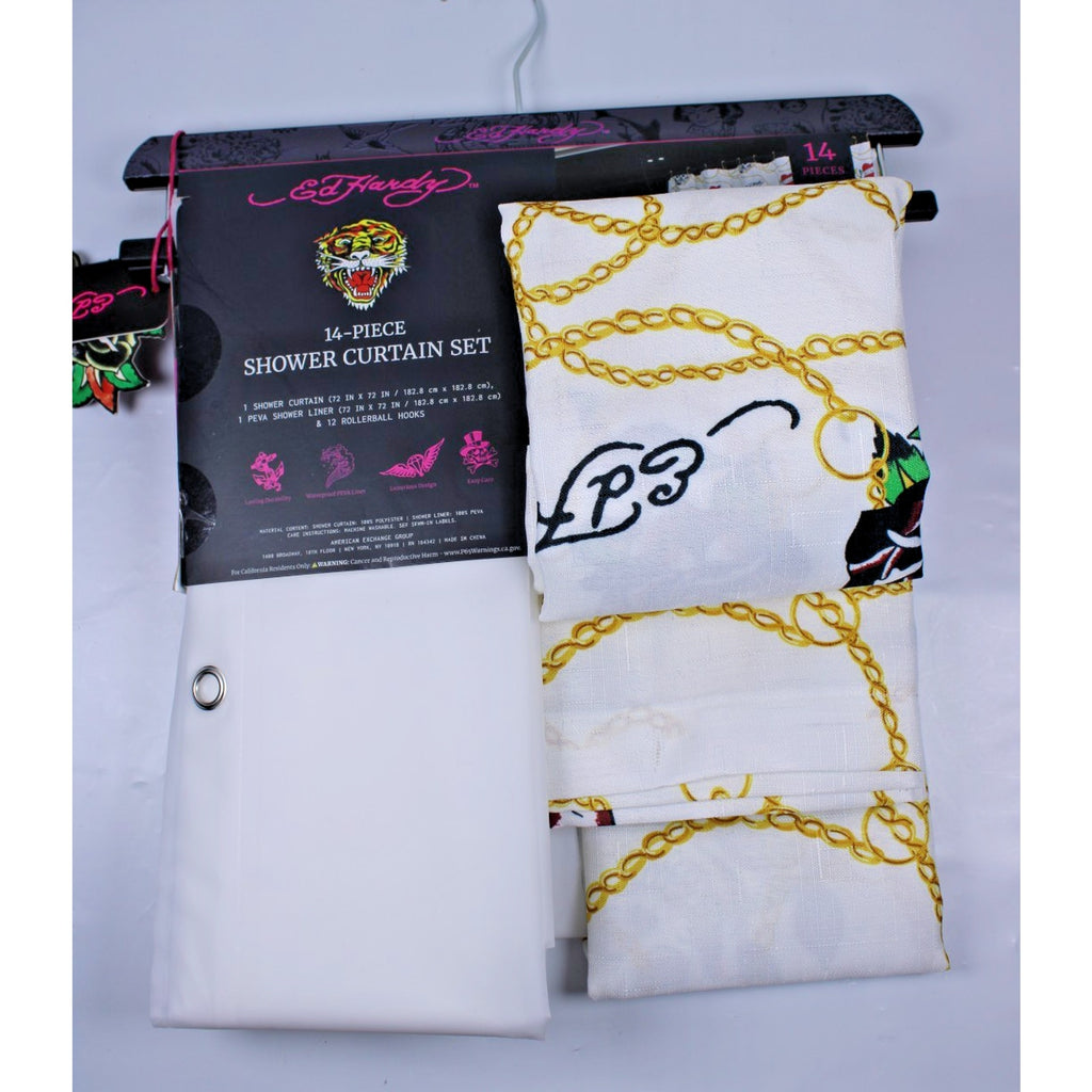 Ed Hardy 14 Piece Shower Curtain Set, White With Gold Chain and Skulls, NWT