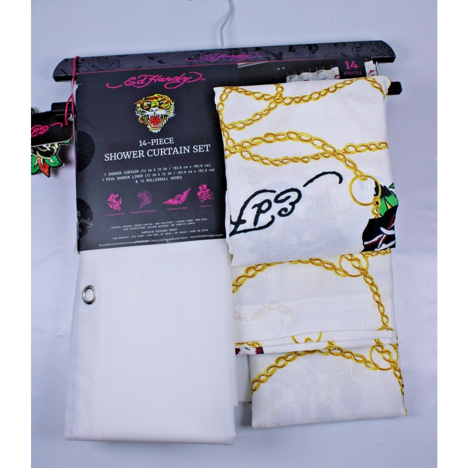 Ed Hardy 14 Piece Shower Curtain Set, White With Gold Chain and Skulls, NWT