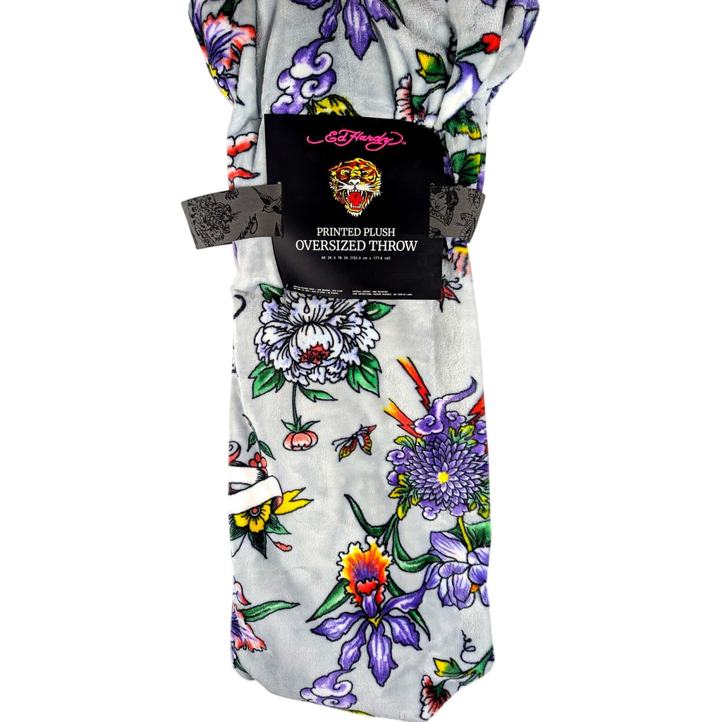 Ed Hardy Plush Oversized Throw Blanket Butterflies & Flowers 60x70