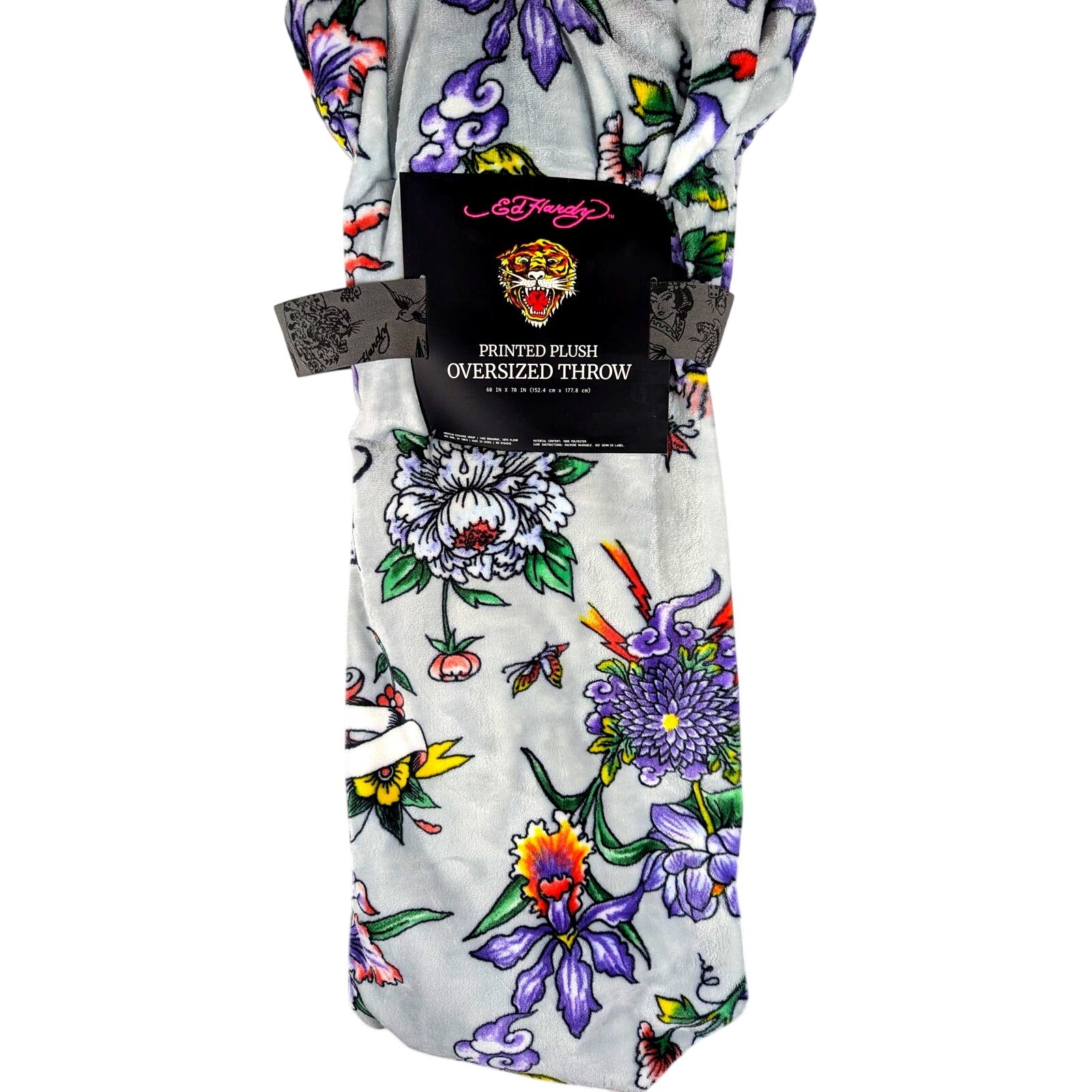 Ed Hardy Plush Oversized Throw Blanket Butterflies & Flowers 60x70