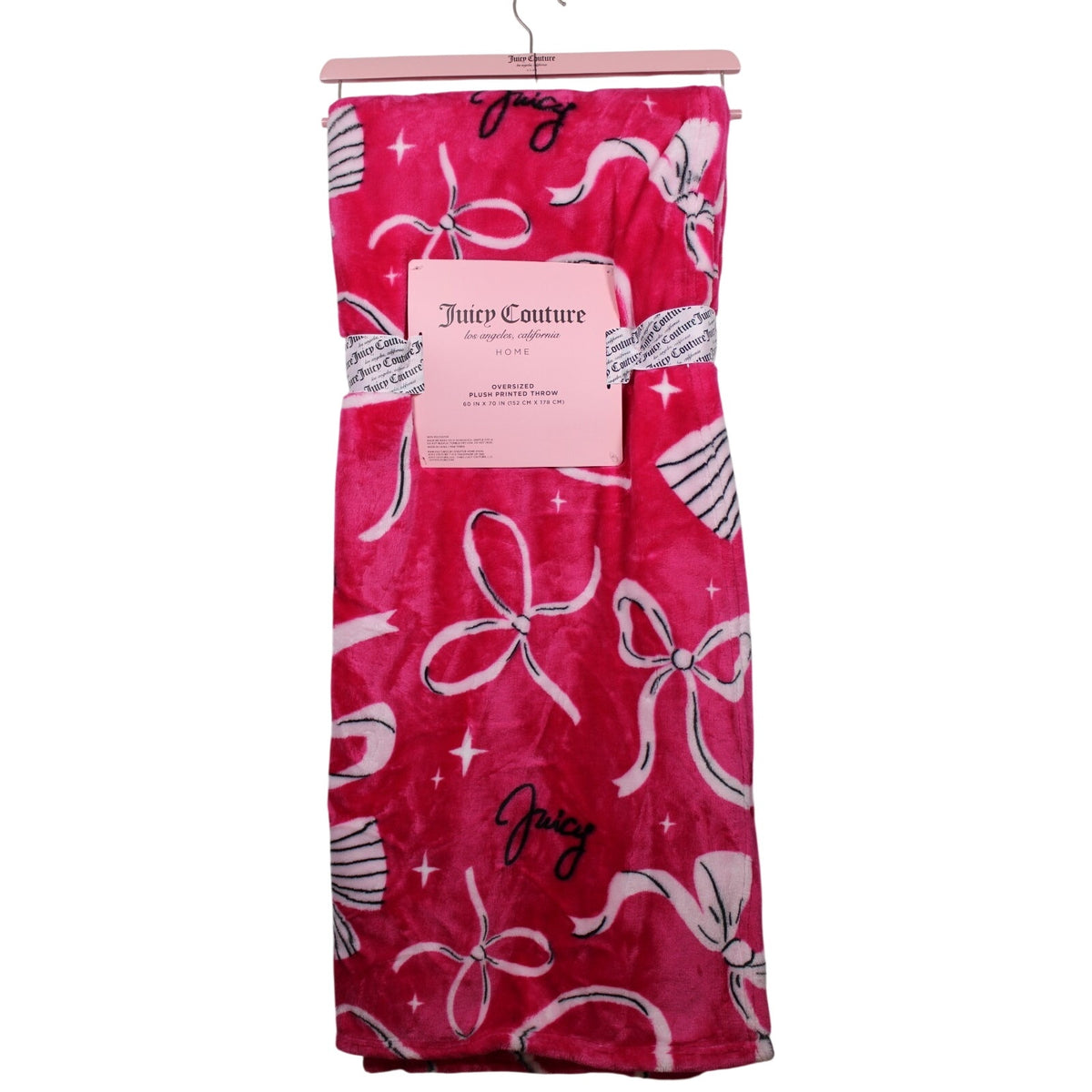 Juicy Couture 60" x 70" Pink Plush Throw Blanket, Bows - OVERSIZED