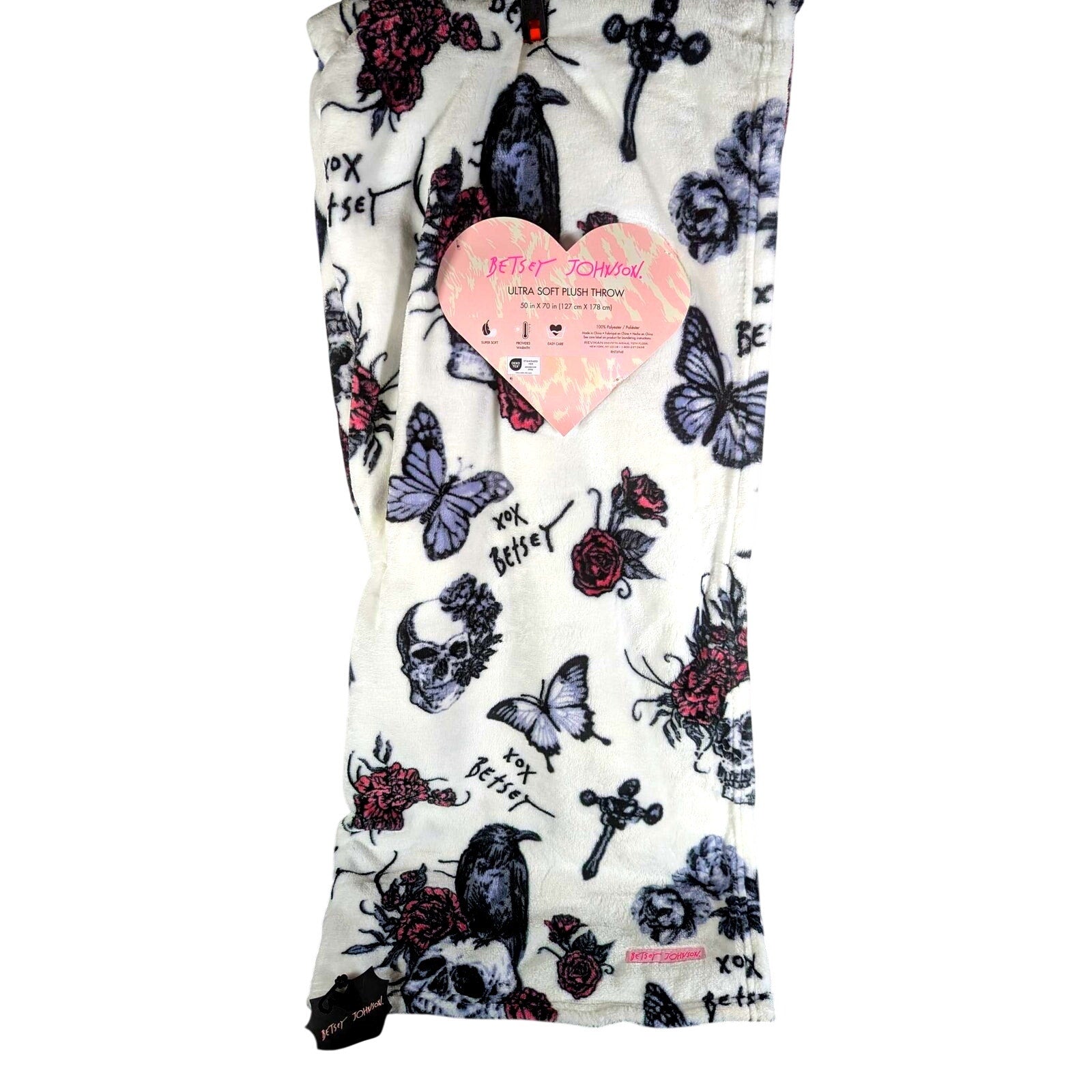 Betsey Johnson Ultra Soft Plush Throw 50x70, Skulls, Butterflies, Cross, Roses