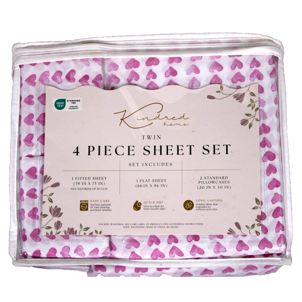KINDRED HOME 4 PIECE HEARTS DESIGN TWIN SHEET SET 1 EX PILLOWCASE NEW