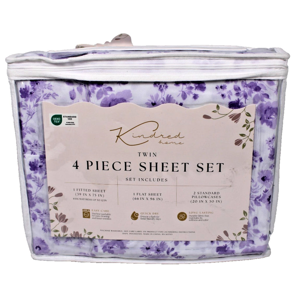 KINDRED HOME 4 PIECE Purple Floral DESIGN TWIN SHEET SET 1 EX PILLOWCASE