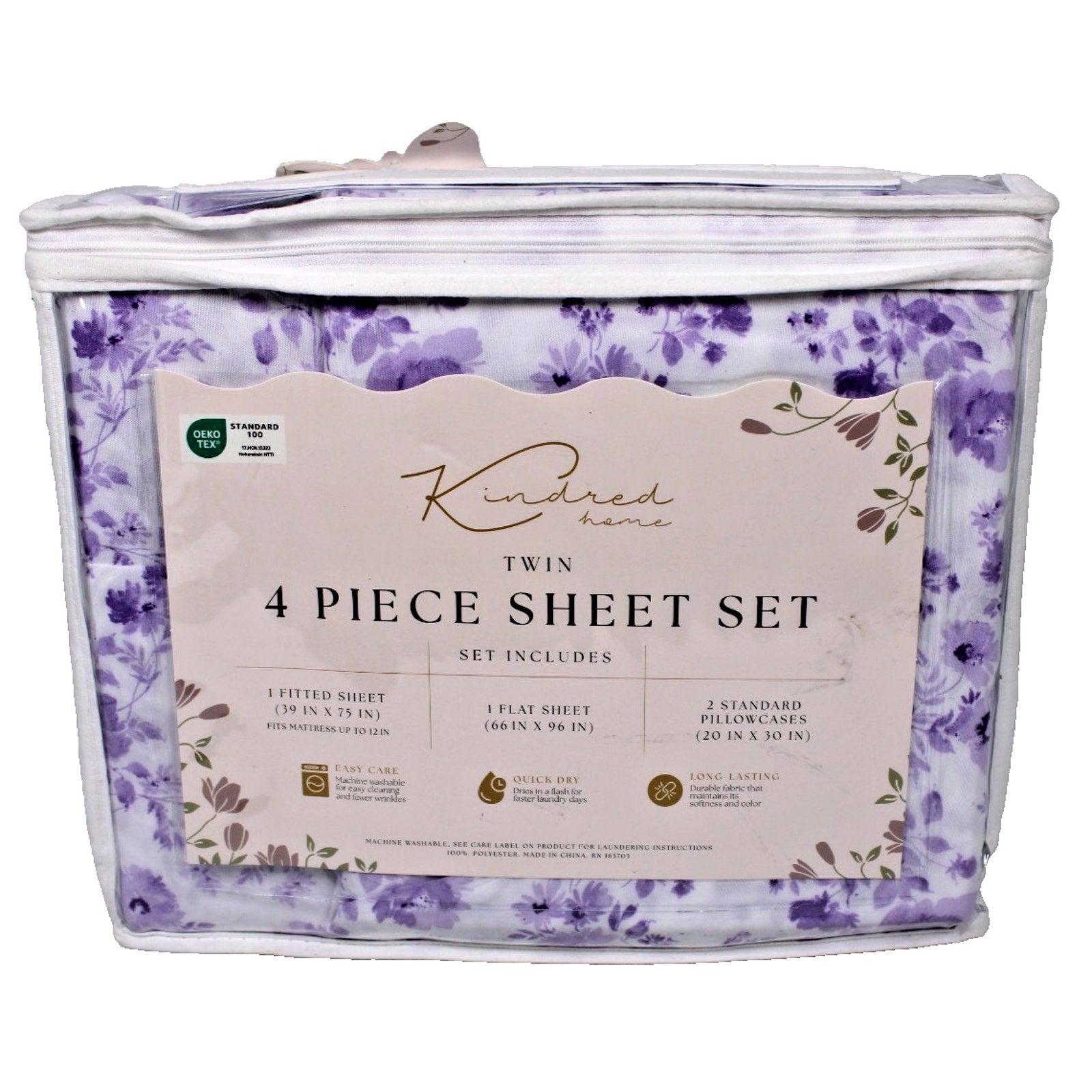 KINDRED HOME 4 PIECE Purple Floral DESIGN TWIN SHEET SET 1 EX PILLOWCASE