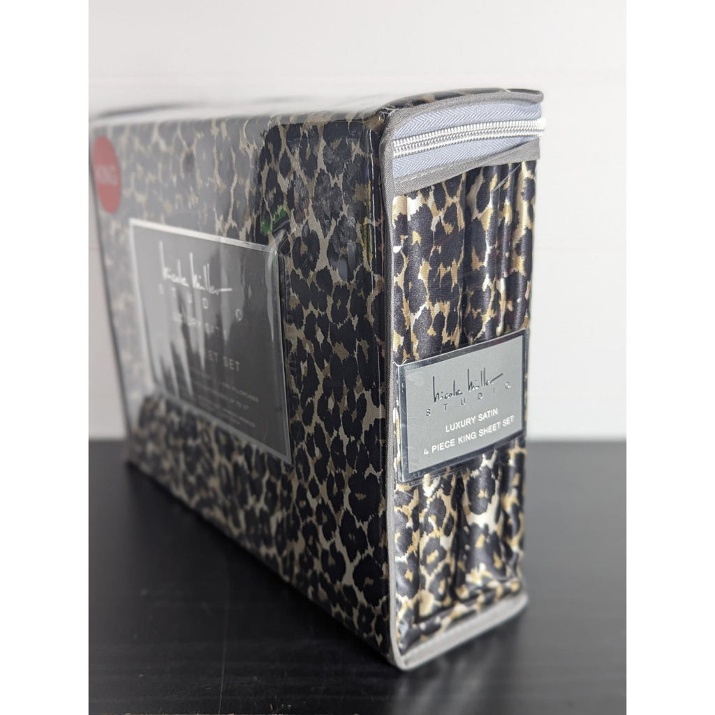 Nicole Miller Studio Luxury Satin KING Sheet Set 4 Pc Leopard Cheetah - New