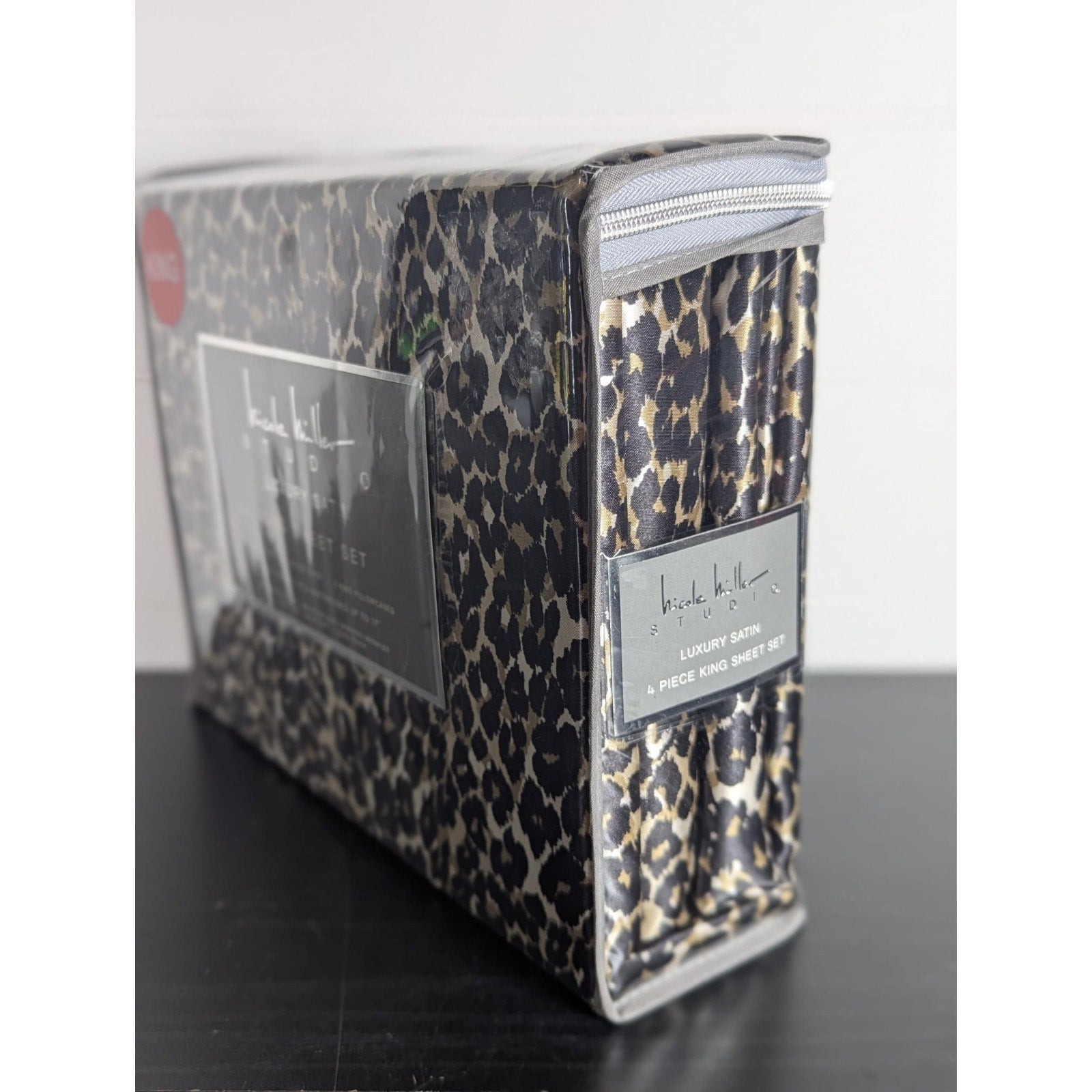 Nicole Miller Studio Luxury Satin KING Sheet Set 4 Pc Leopard Cheetah - New
