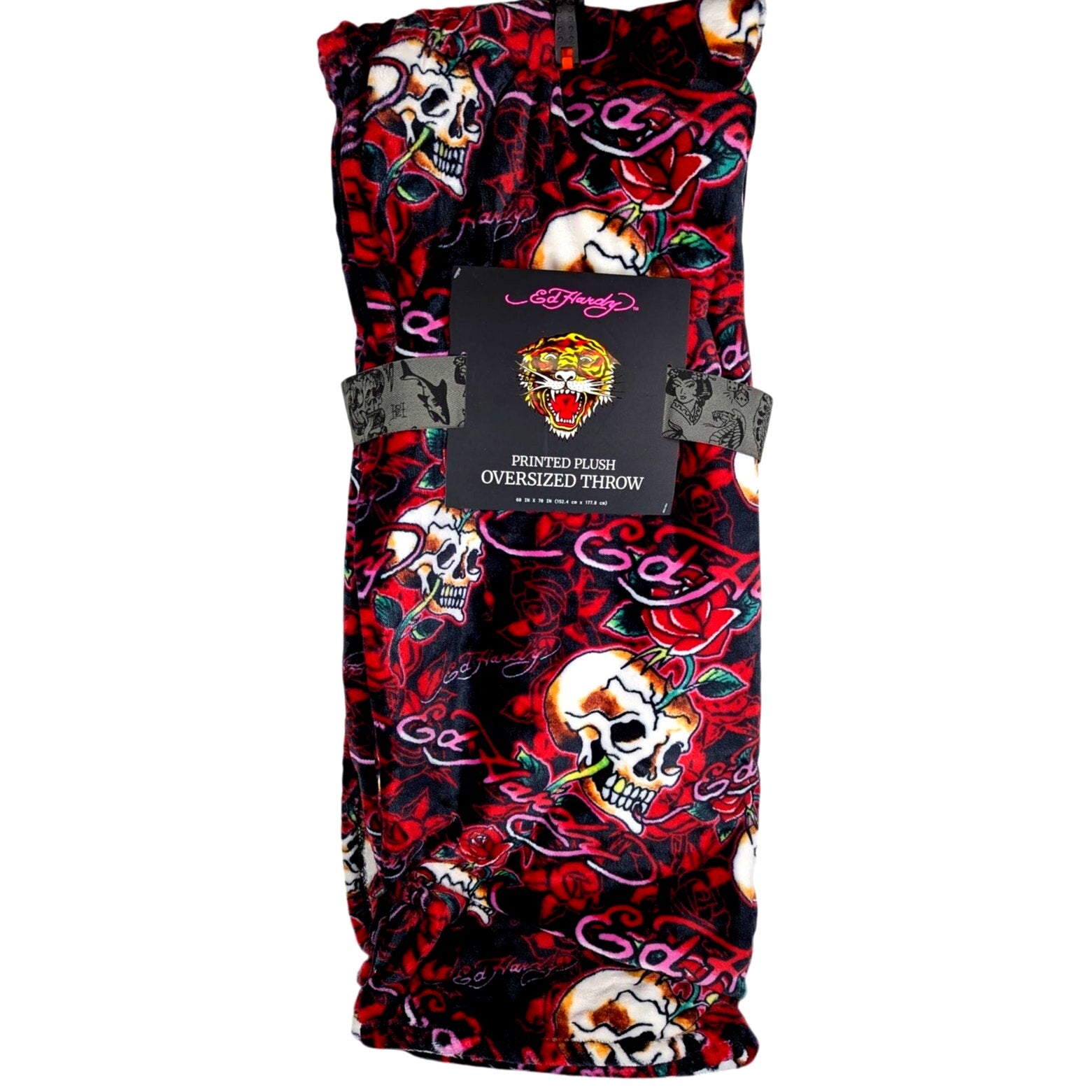 Ed Hardy Oversized Throw Blanket Tattoo Roses Skulls Hearts 60 x 70" NEW