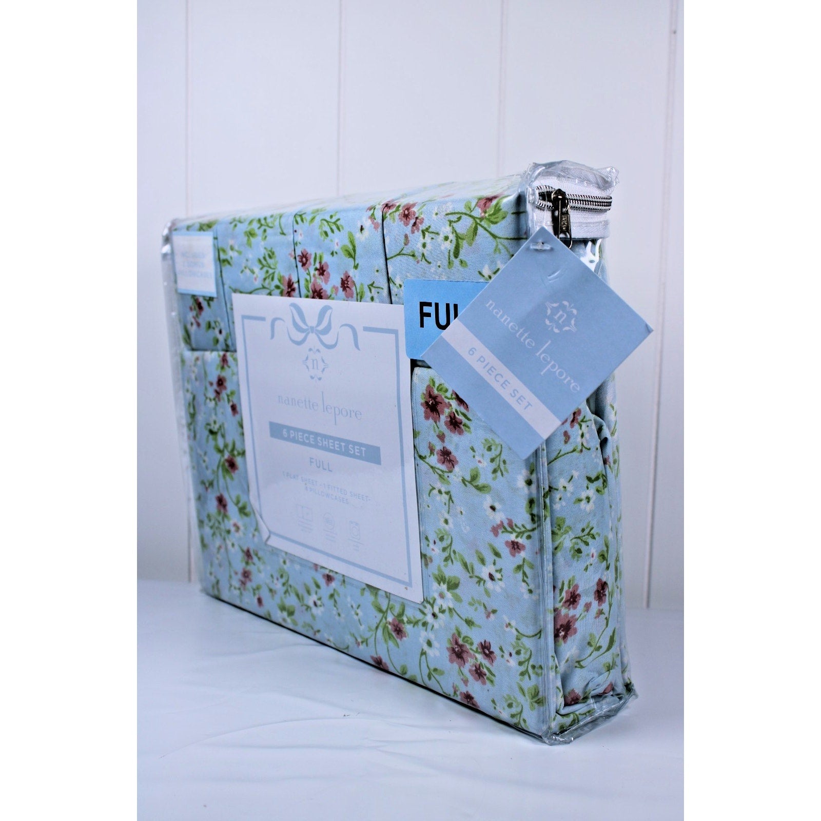 Nanette Lepore Full 6 Piece Sheet Set Green, Pink Floral, 2 bonus pillowcases