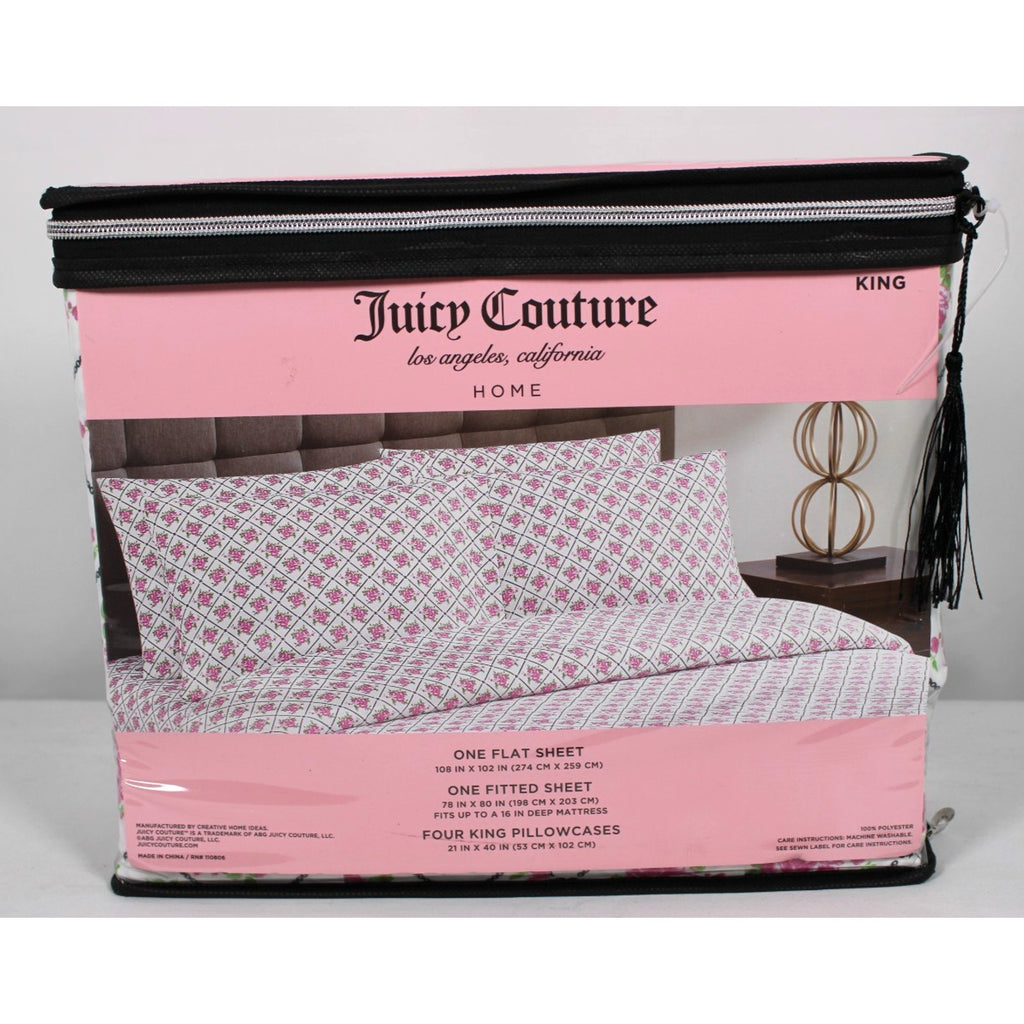 Juicy Couture King 6 Pc Sheet Set HOME, Chain Link Pattern Rose Print