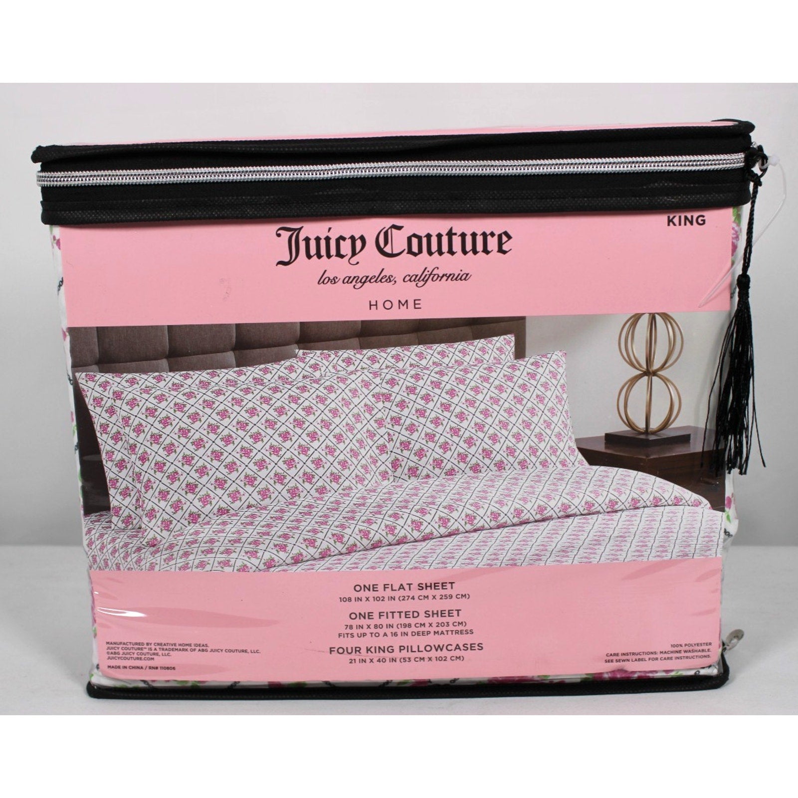 Juicy Couture King 6 Pc Sheet Set HOME, Chain Link Pattern Rose Print