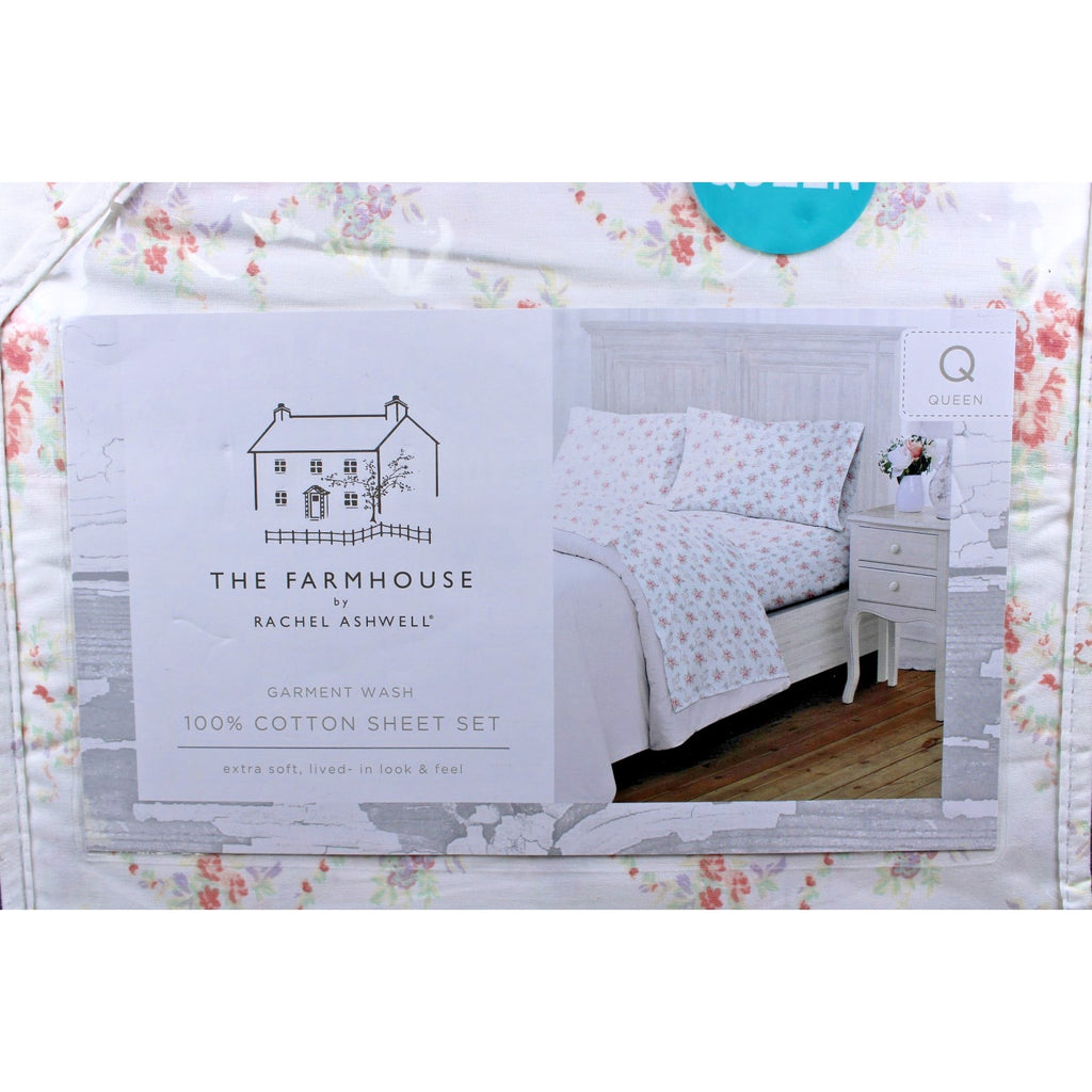 The Farmhouse Rachel Ashwell 100% Cotton Coral & Mint Floral QUEEN Sheets NEW