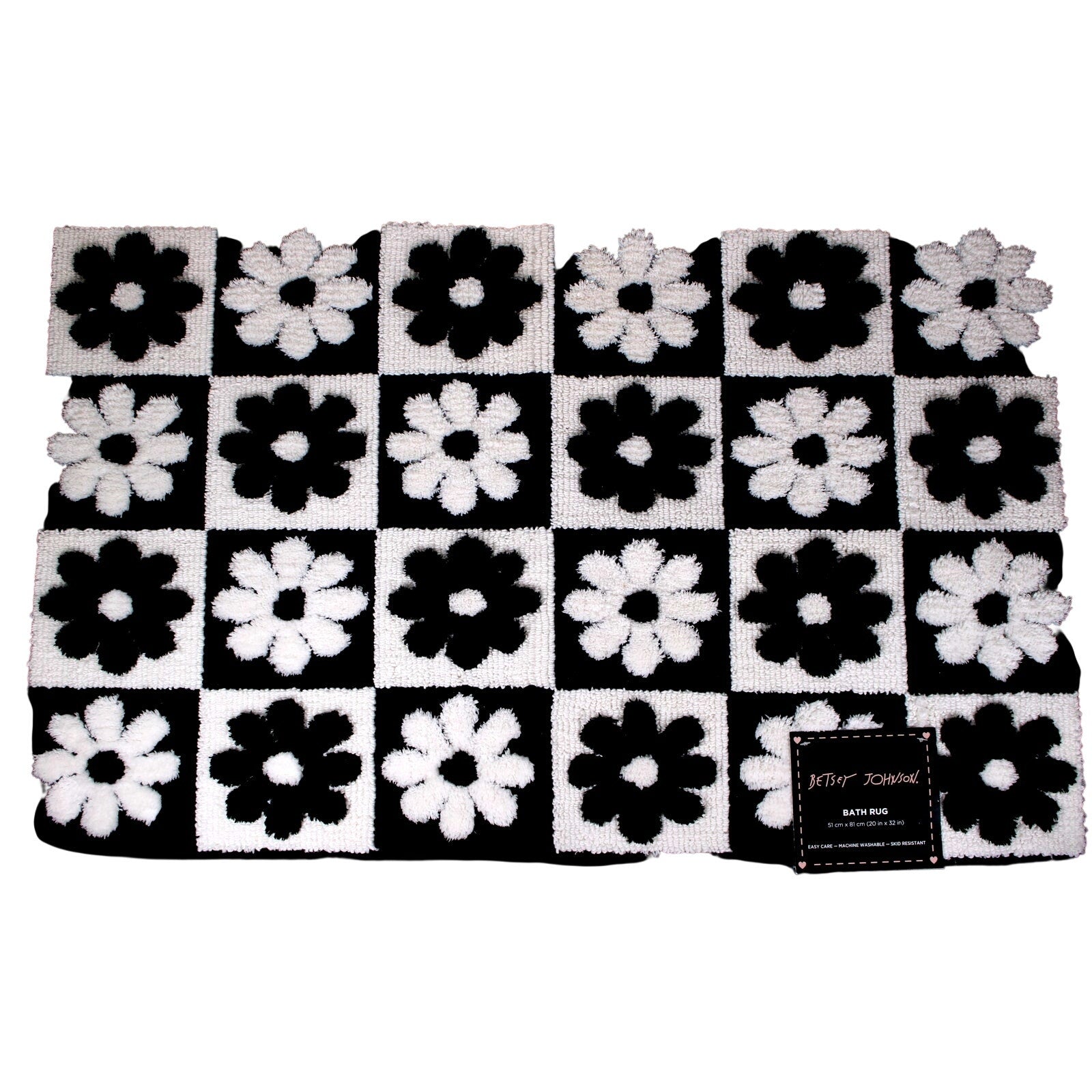 BETSEY JOHNSON, BLACK & WHITE DAISY CHECKER DESIGN BATH RUG - 20"X32"