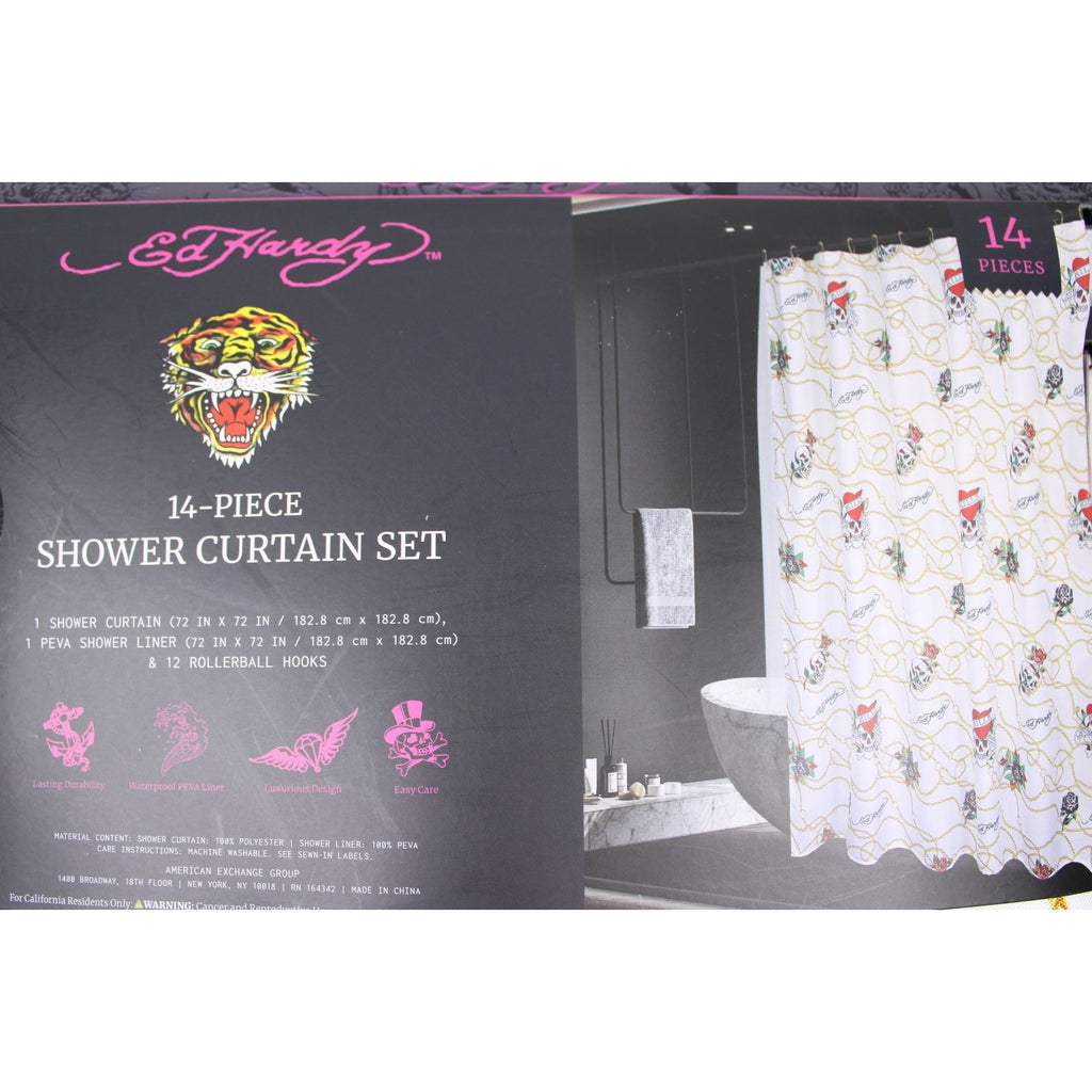 Ed Hardy 14 Piece Shower Curtain Set, White With Gold Chain and Skulls, NWT