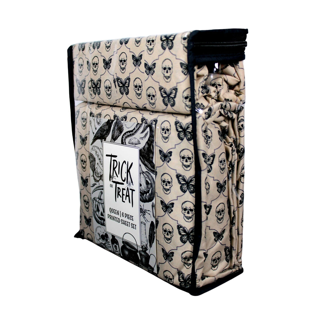 Halloween Gothic Style Queen 6pc Sheets Set Tan Black Skulls Butterflies Lattice