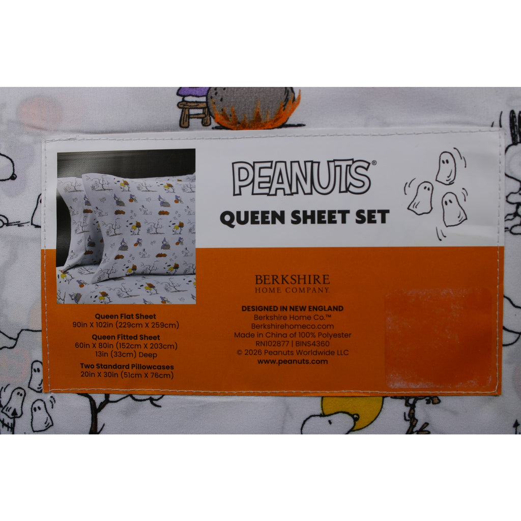 Peanuts 4pc Halloween Snoopy Woodstock QUEEN Sheet Set White Berkshire
