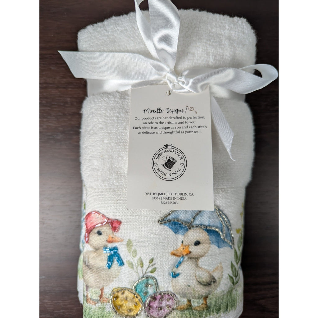 Easter Blessing Beaded Ducks Floral Hand Towels Set of 2, 16x28" 100% Cotton
