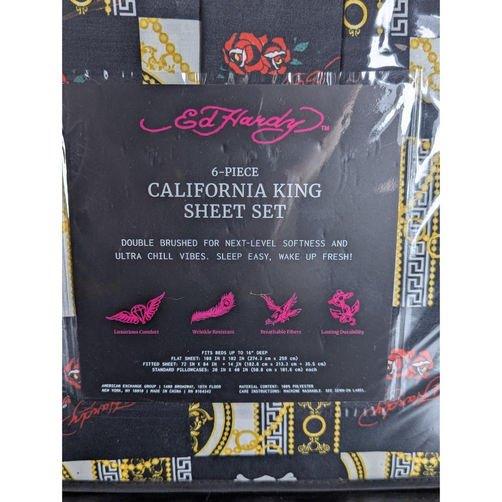 Ed Hardy Black 6 pc Cal King Sheet Set Hearts, Skulls, Roses, w/4 Pillowcases