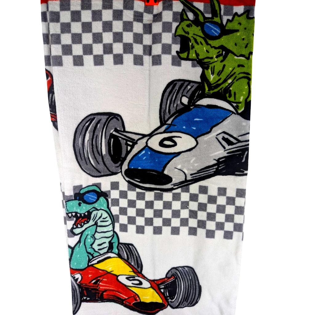 Kassafina Kids Beach Towel 28"x58", Dinosaur on Race Cars,