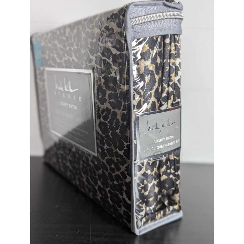 Nicole Miller Studio Luxury Satin Queen Sheet Set 4 Pc Leopard Cheetah - New