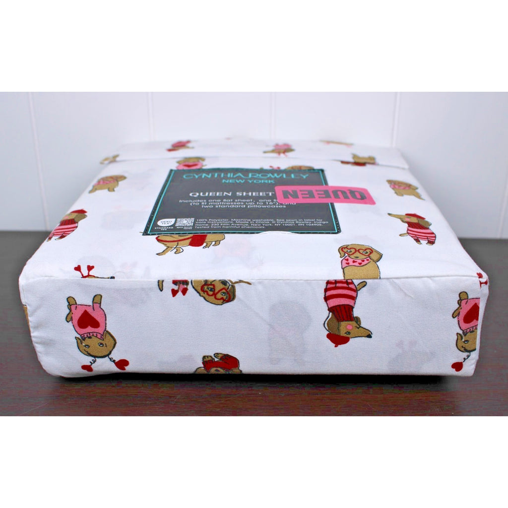 CYNTHIA ROWLEY Queen Sheet Set Weenie Dogs Valentines Hearts DACHSHUND