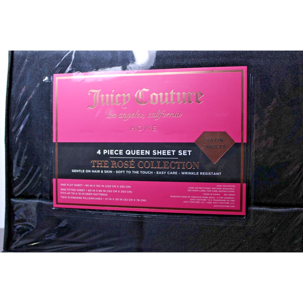 Juicy Couture Black Satin 4pc QUEEN Sheet Set Easy Care Soft Sleek Smooth