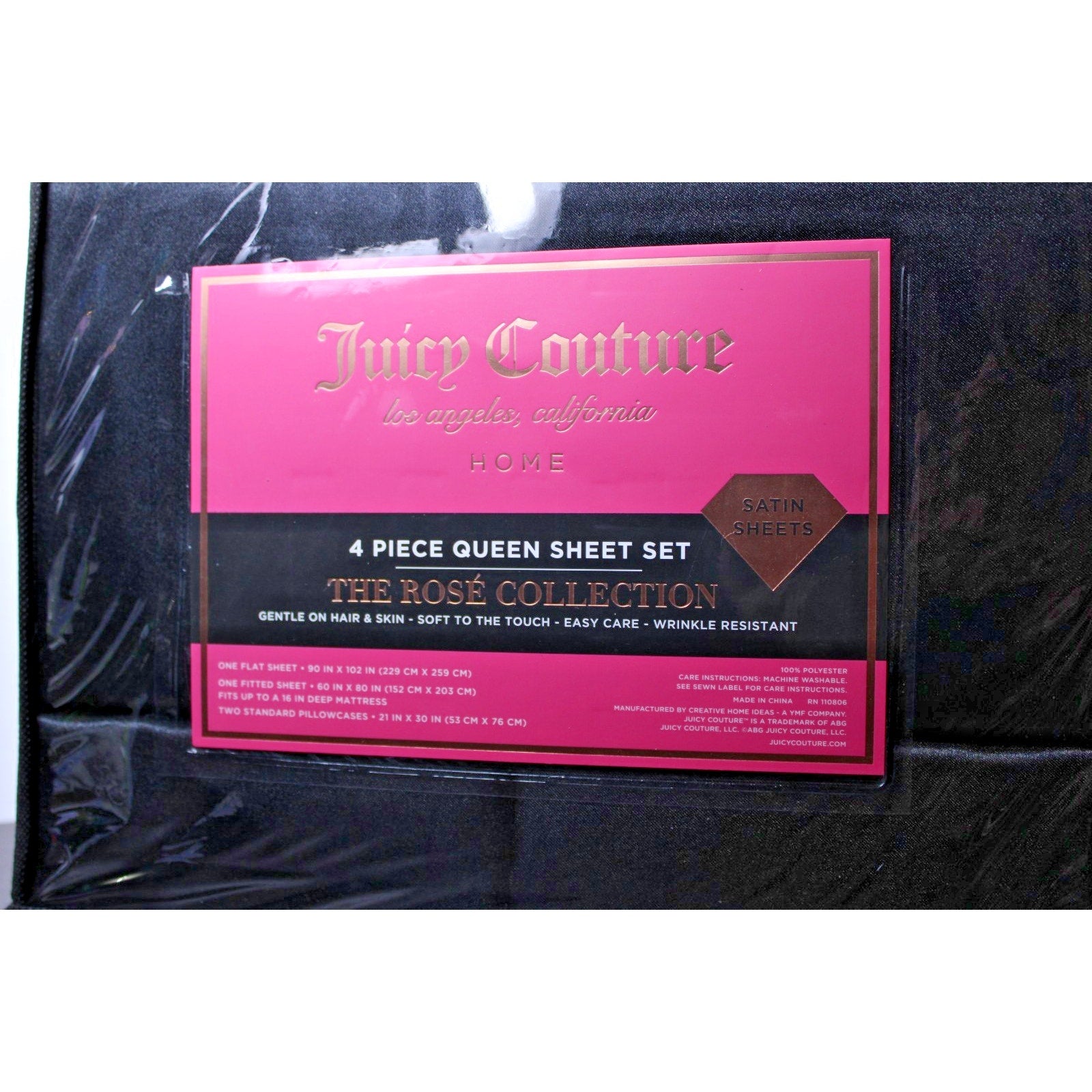 Juicy Couture Black Satin 4pc QUEEN Sheet Set Easy Care Soft Sleek Smooth