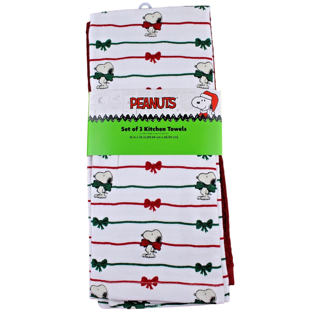 Peanuts Snoopy Red and Green Christmas Bows 3 pc Kitchen Towel Set 18x28 Cotton