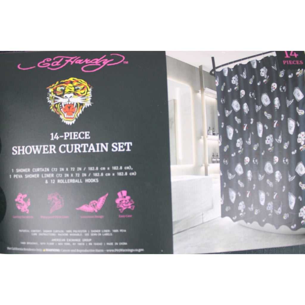 14-Pc Ed Hardy Skull POKER Cards Shower Curtain, Roller Ball Hooks, & Liner