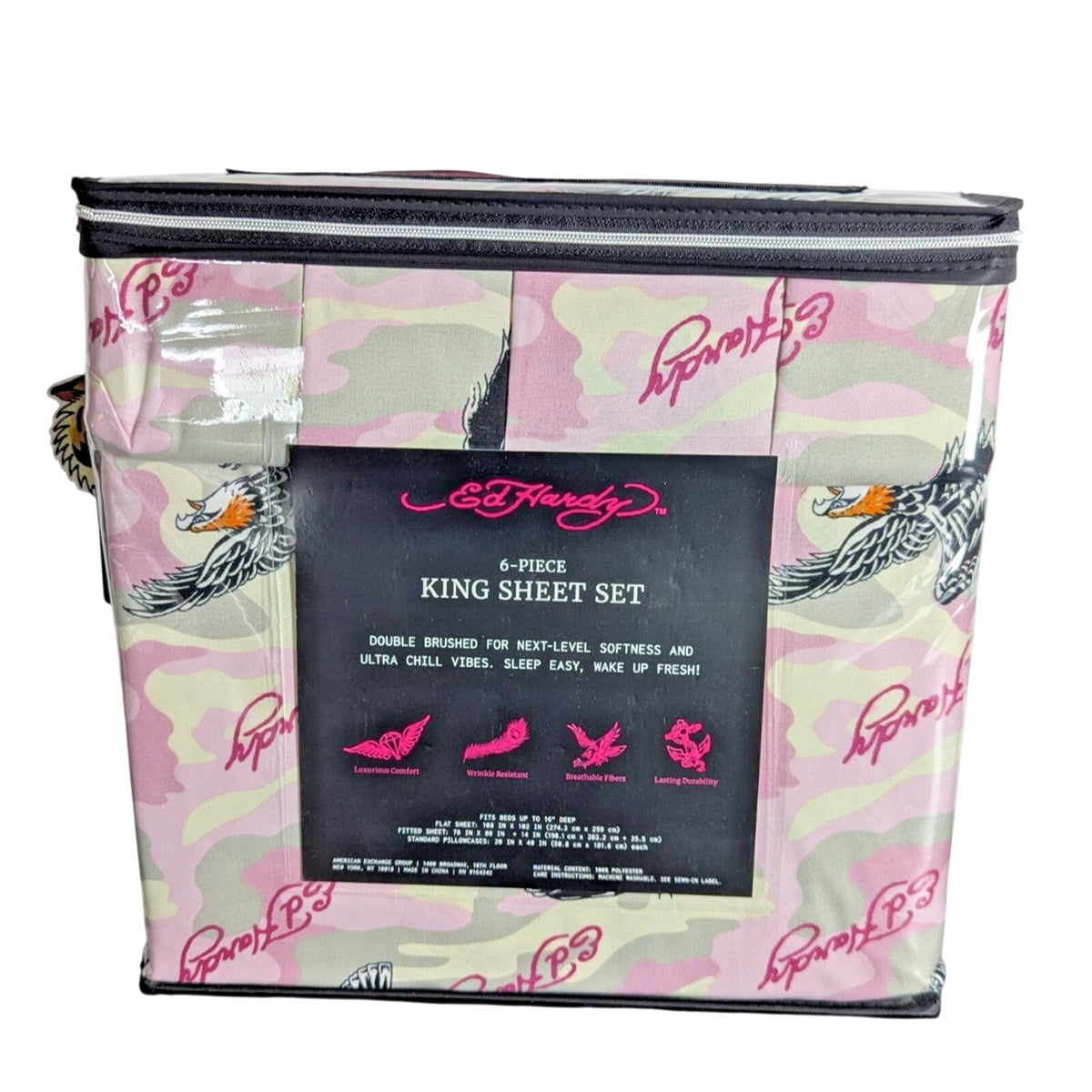 Ed Hardy 6-pc King Sheet Set w/4 Pillowcases Eagle, Black Tiger - NEW