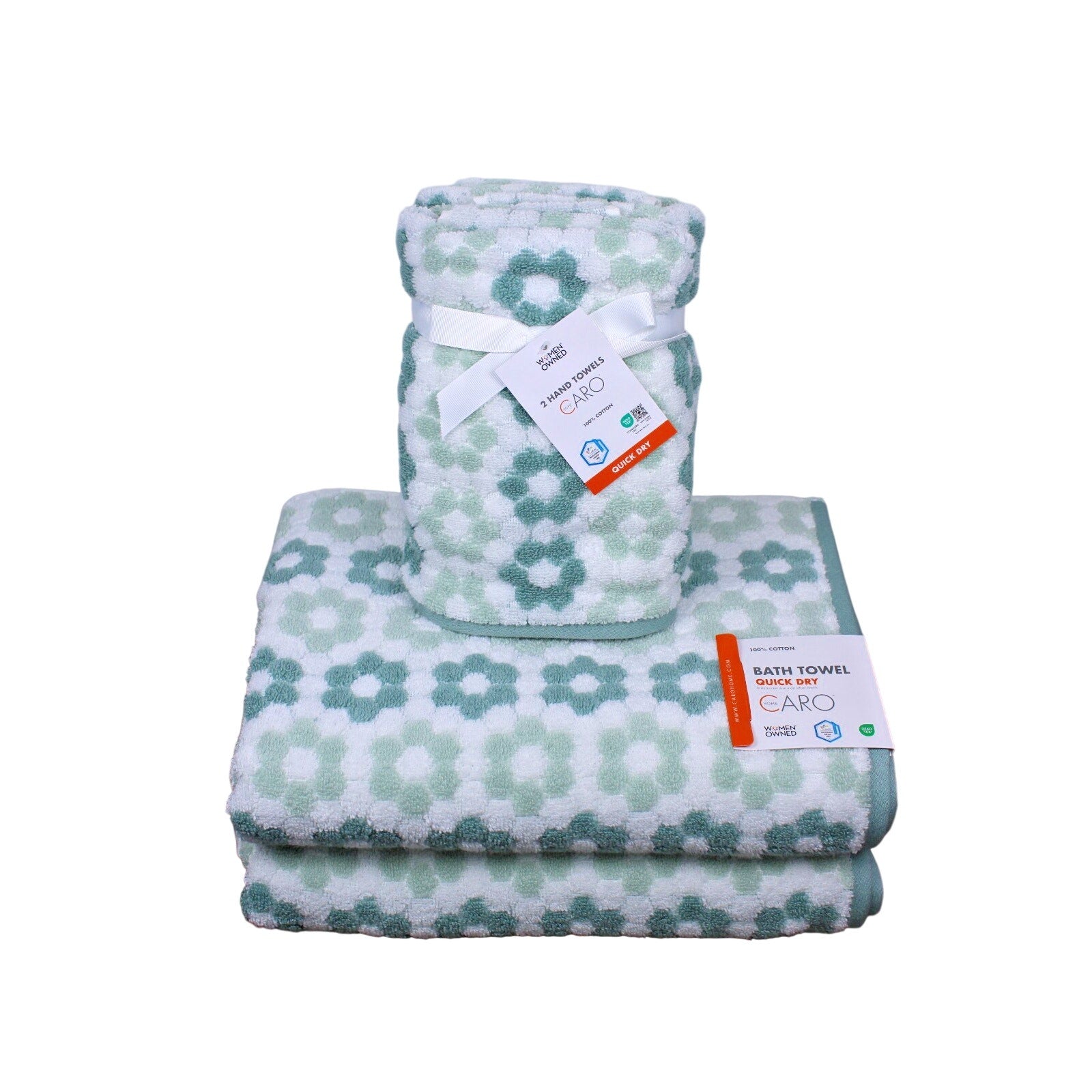 4pc CARO Home (2) Bath (2) Hand Towels Dark Sage, Daisies 100% Cotton, Quick Dry