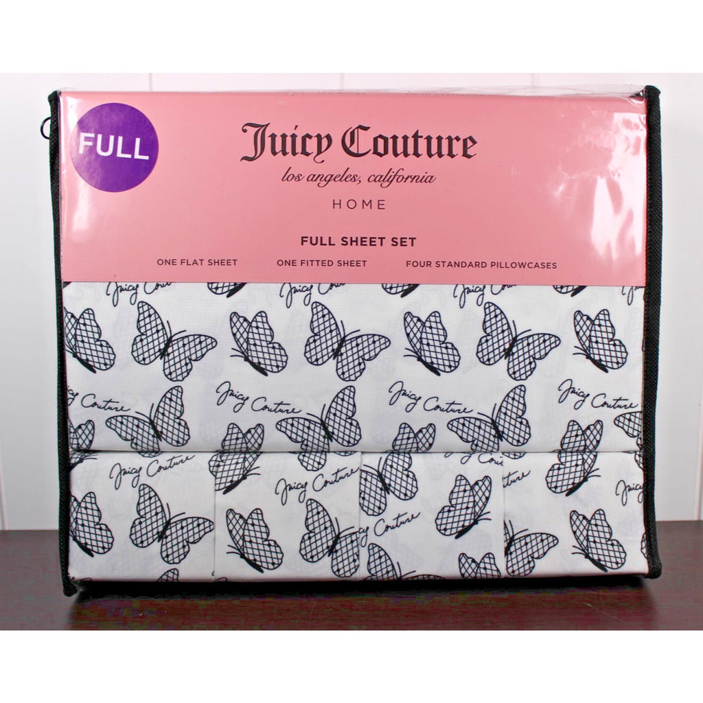 Juicy Couture FULL 6 pc Bed Sheet Set Black and White Checkered Butterflies