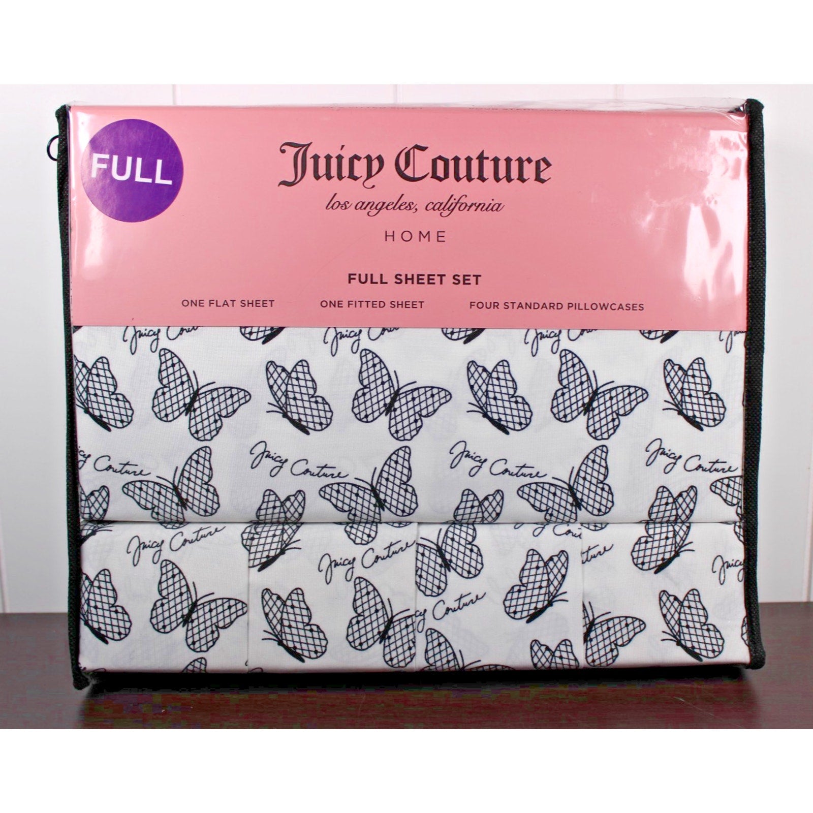 Juicy Couture FULL 6 pc Bed Sheet Set Black and White Checkered Butterflies