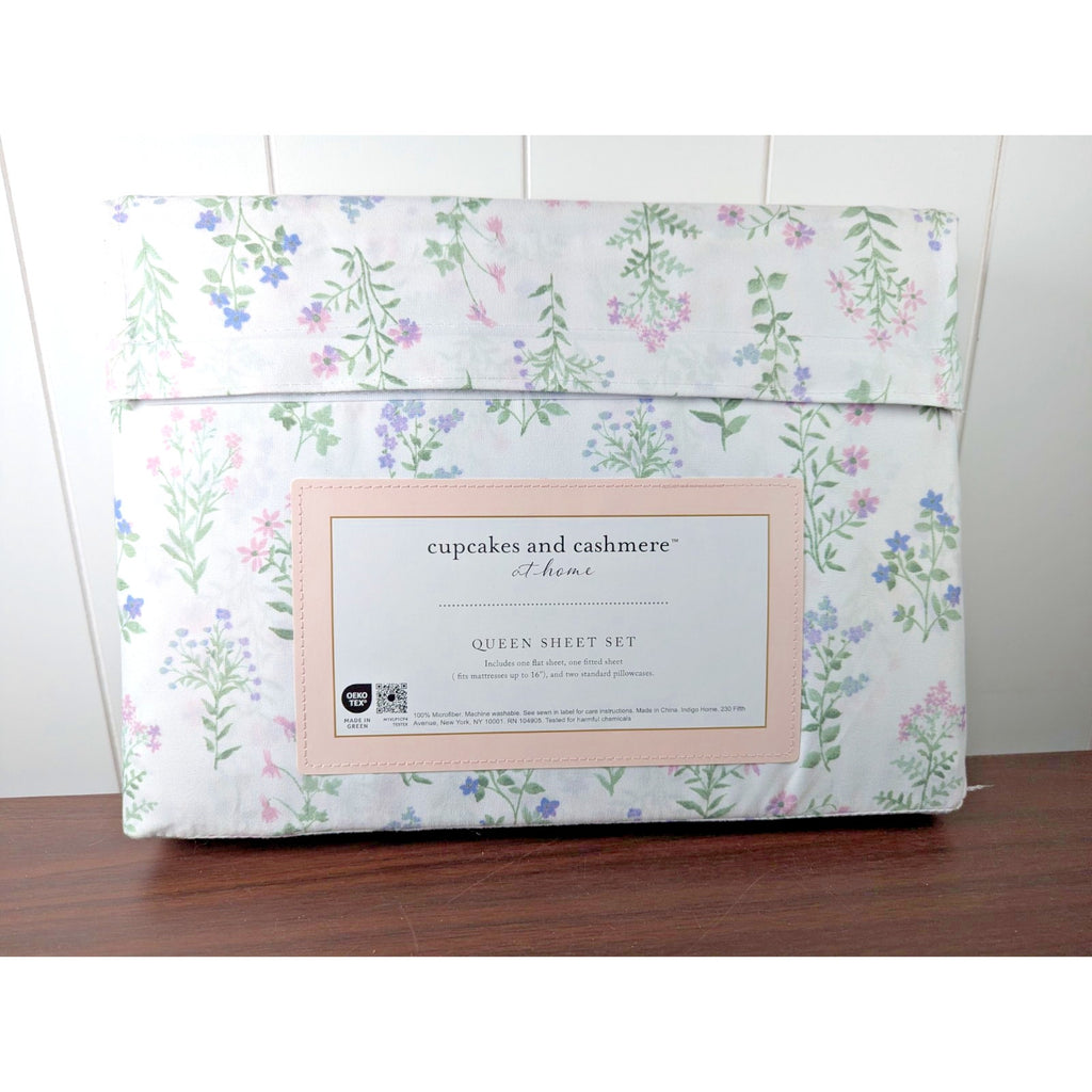 Cupcakes and Cashmere at home, Floral Pink Purple Green 4pc QUEEN Sheet Set NEW