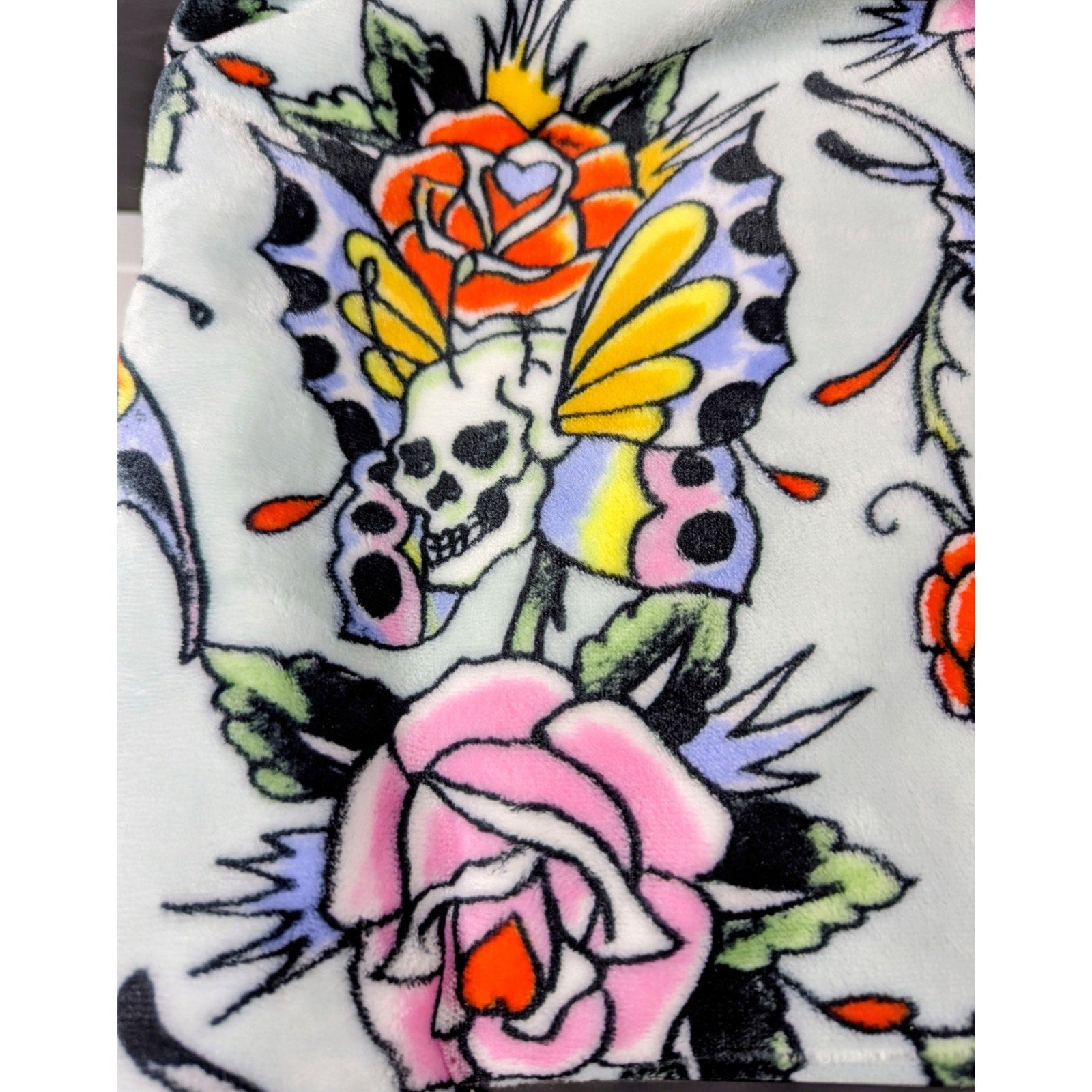 Ed Hardy Plush Oversized Throw Blanket Light Blue w/Skull Butterflies & Flowers