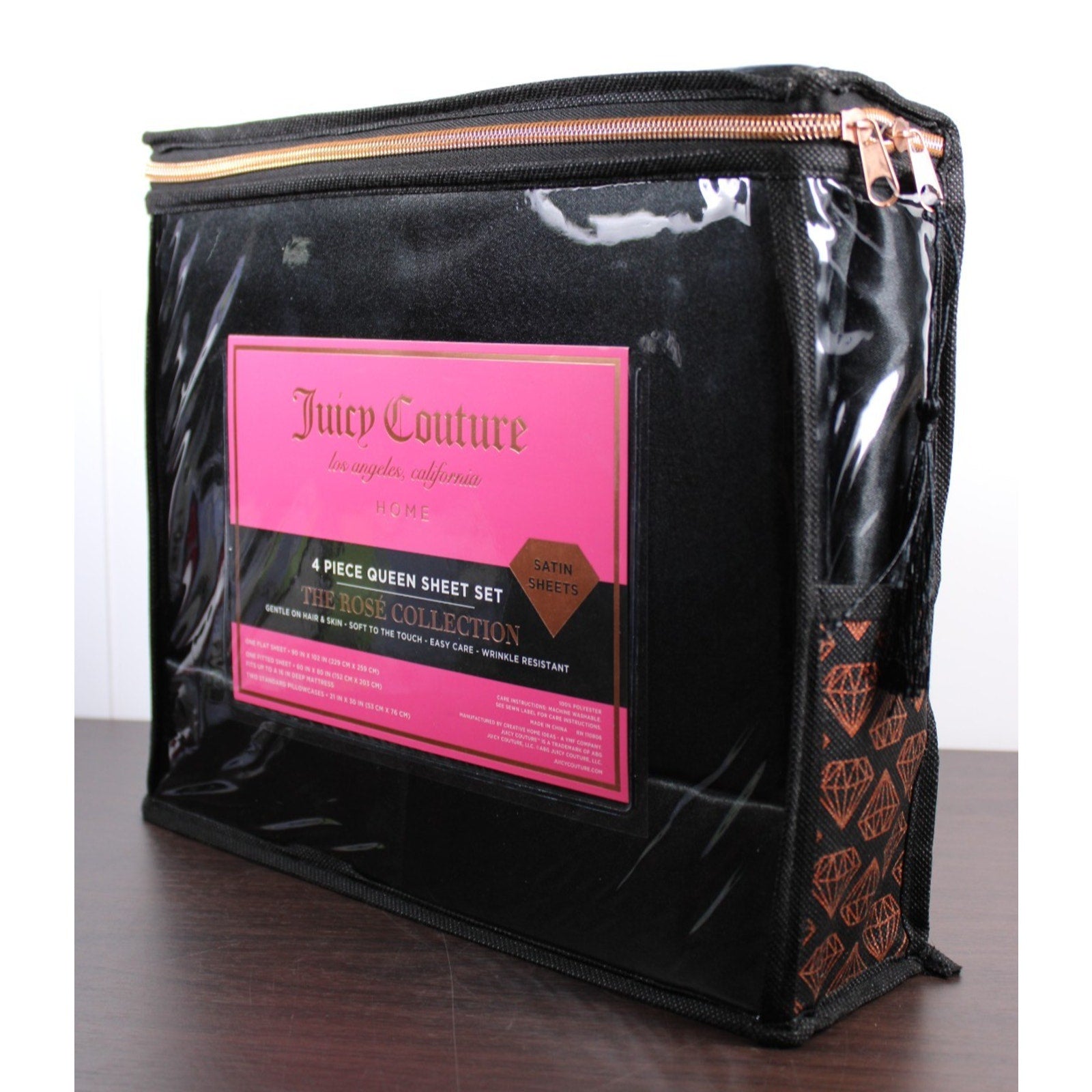 Juicy Couture Black Satin 4pc QUEEN Sheet Set Easy Care Soft Sleek Smooth
